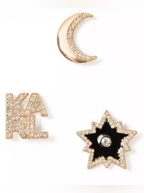 Karl Legerfeld Gold Tone Crystal Moon, 'KARL' Letter & Star Pin Set